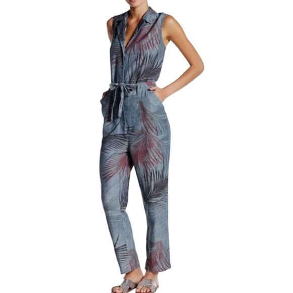 Anthropologie Level 99 Women's Jumpsuit Gray Chambray Tropical  Linen Medium - Picture 1 of 10